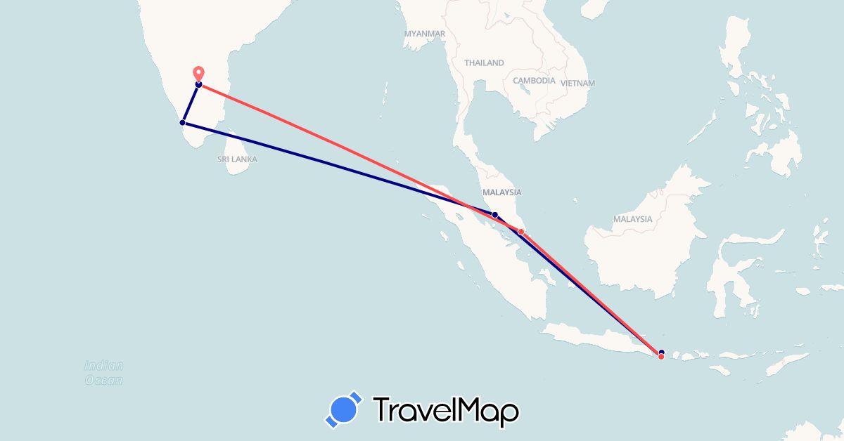 TravelMap itinerary: driving, hiking in Indonesia, India, Malaysia, Singapore (Asia)